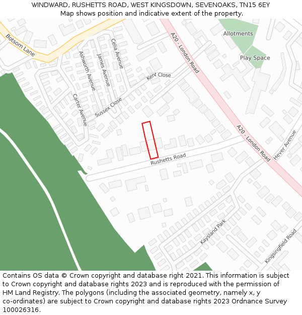 WINDWARD, RUSHETTS ROAD, WEST KINGSDOWN, SEVENOAKS, TN15 6EY: Location map and indicative extent of plot