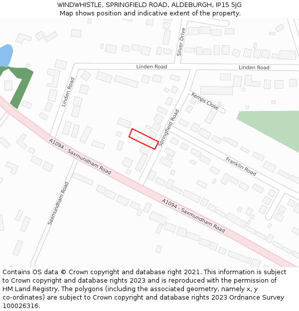 WINDWHISTLE, SPRINGFIELD ROAD, ALDEBURGH, IP15 5JG: Location map and indicative extent of plot