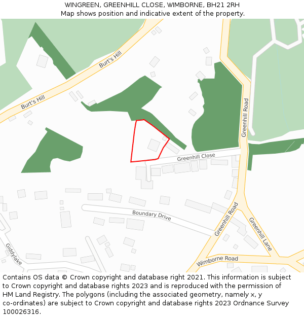 WINGREEN, GREENHILL CLOSE, WIMBORNE, BH21 2RH: Location map and indicative extent of plot