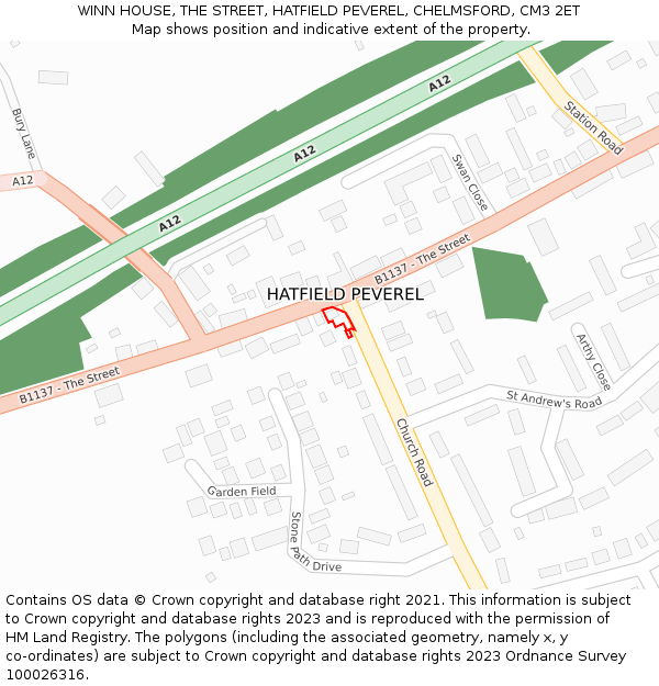 WINN HOUSE, THE STREET, HATFIELD PEVEREL, CHELMSFORD, CM3 2ET: Location map and indicative extent of plot