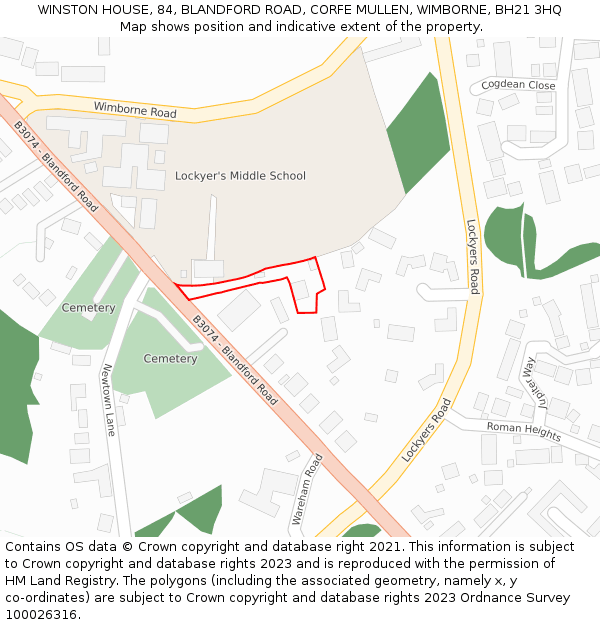 WINSTON HOUSE, 84, BLANDFORD ROAD, CORFE MULLEN, WIMBORNE, BH21 3HQ: Location map and indicative extent of plot