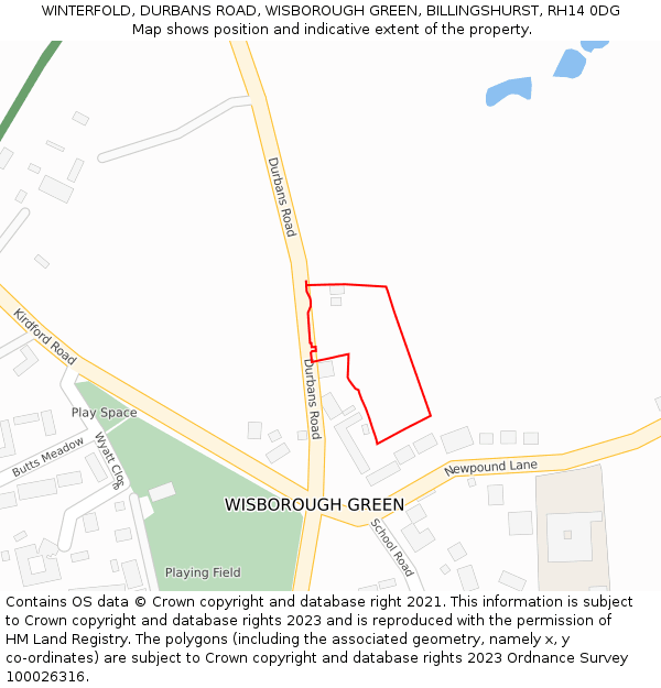 WINTERFOLD, DURBANS ROAD, WISBOROUGH GREEN, BILLINGSHURST, RH14 0DG: Location map and indicative extent of plot