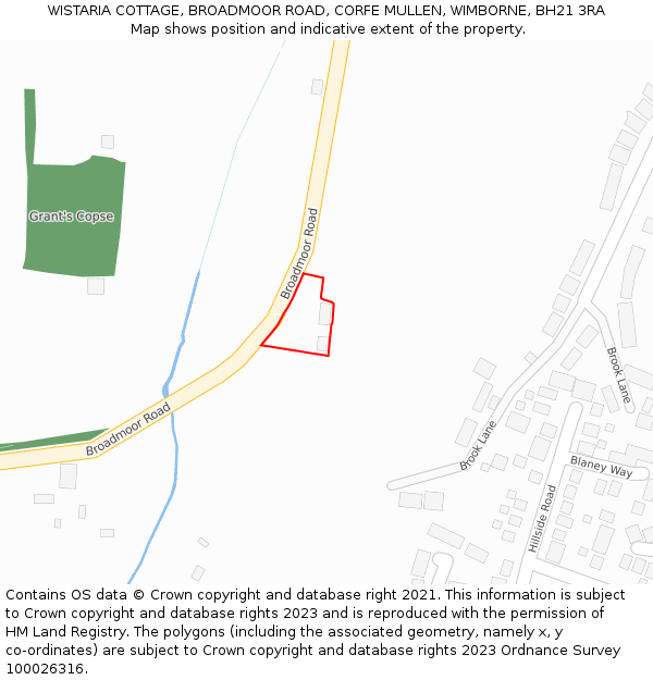 WISTARIA COTTAGE, BROADMOOR ROAD, CORFE MULLEN, WIMBORNE, BH21 3RA: Location map and indicative extent of plot