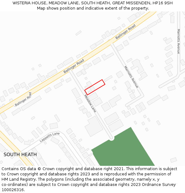 WISTERIA HOUSE, MEADOW LANE, SOUTH HEATH, GREAT MISSENDEN, HP16 9SH: Location map and indicative extent of plot