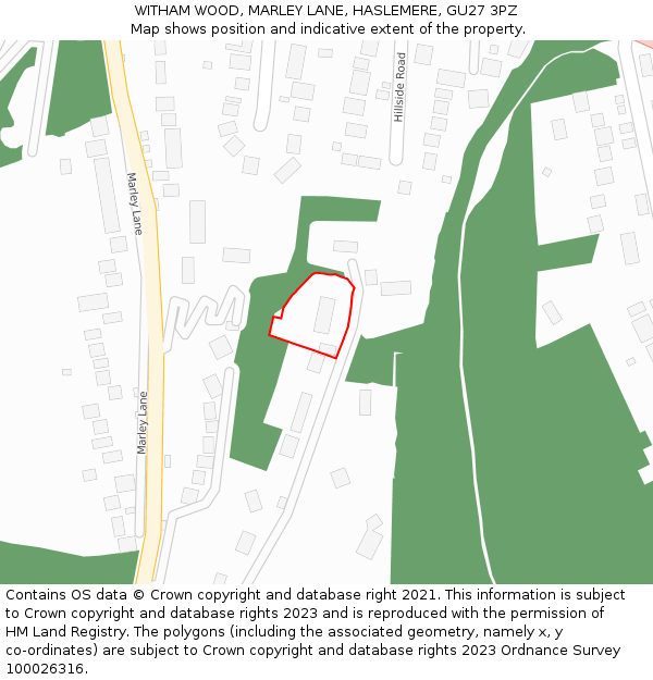 WITHAM WOOD, MARLEY LANE, HASLEMERE, GU27 3PZ: Location map and indicative extent of plot