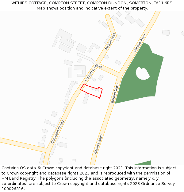WITHIES COTTAGE, COMPTON STREET, COMPTON DUNDON, SOMERTON, TA11 6PS: Location map and indicative extent of plot