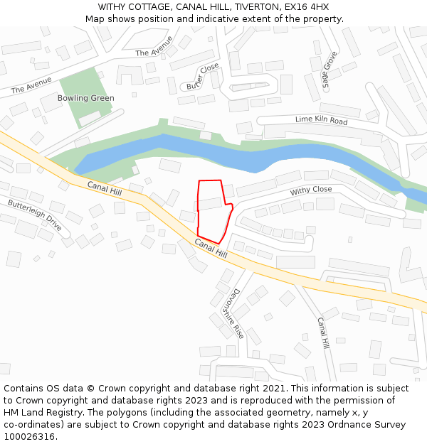 WITHY COTTAGE, CANAL HILL, TIVERTON, EX16 4HX: Location map and indicative extent of plot