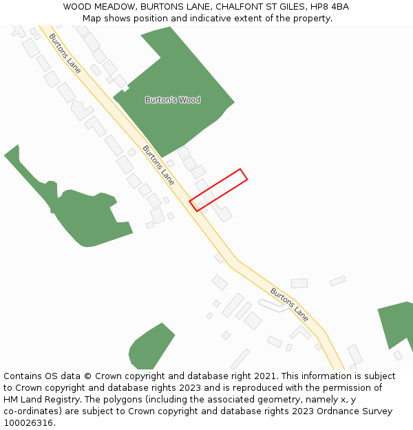 WOOD MEADOW, BURTONS LANE, CHALFONT ST GILES, HP8 4BA: Location map and indicative extent of plot