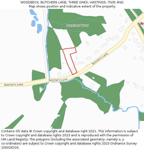 WOODBECK, BUTCHERS LANE, THREE OAKS, HASTINGS, TN35 4NG: Location map and indicative extent of plot