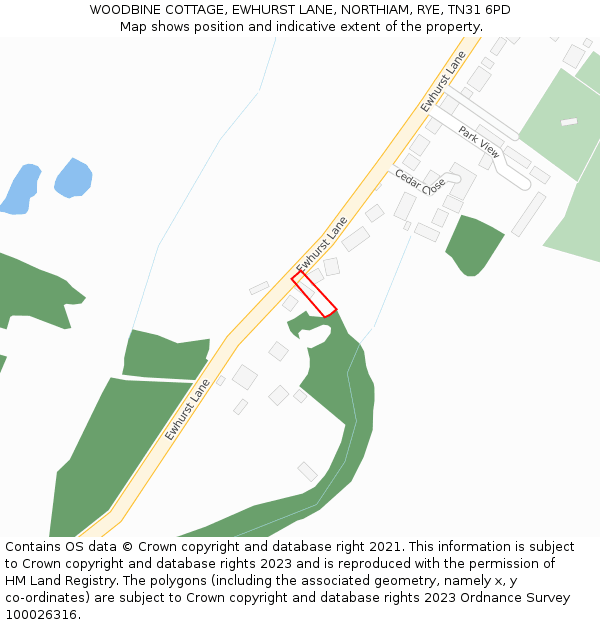 WOODBINE COTTAGE, EWHURST LANE, NORTHIAM, RYE, TN31 6PD: Location map and indicative extent of plot
