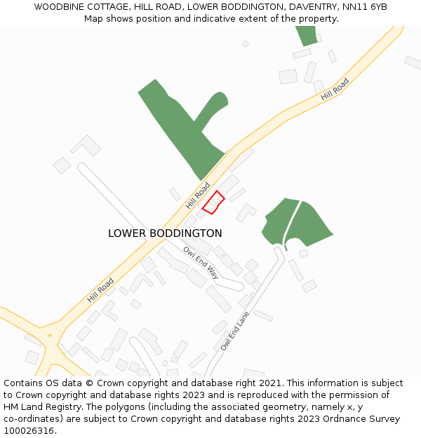 WOODBINE COTTAGE, HILL ROAD, LOWER BODDINGTON, DAVENTRY, NN11 6YB: Location map and indicative extent of plot