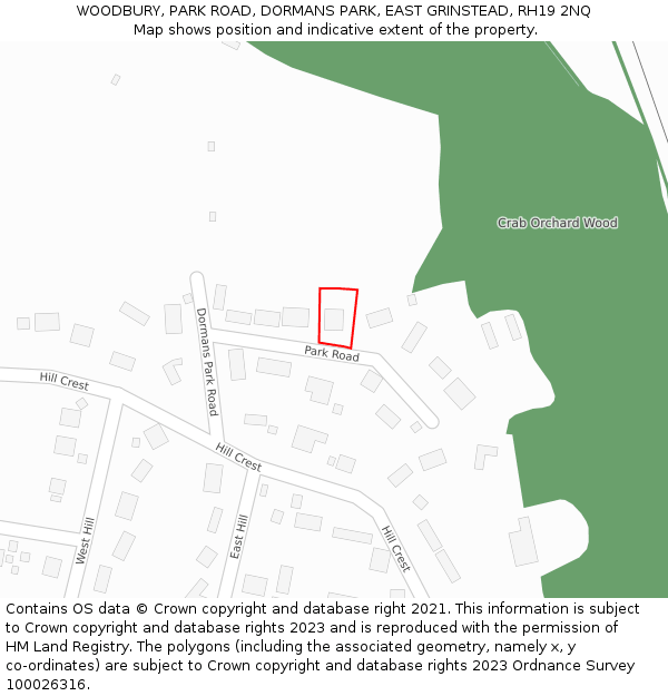 WOODBURY, PARK ROAD, DORMANS PARK, EAST GRINSTEAD, RH19 2NQ: Location map and indicative extent of plot