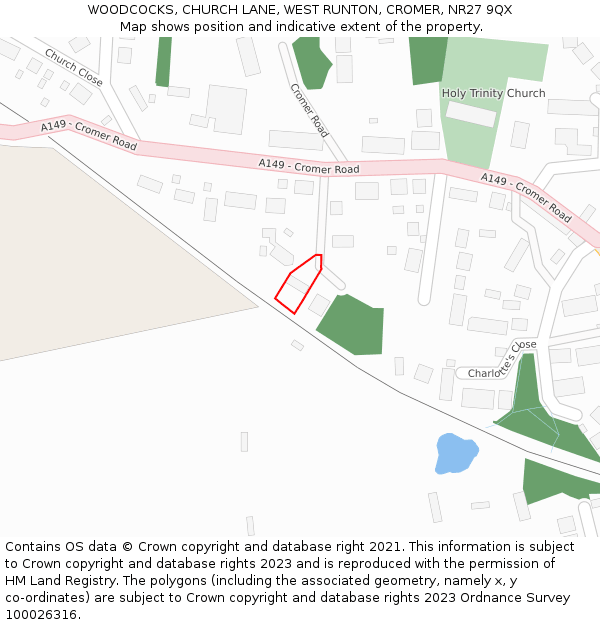 WOODCOCKS, CHURCH LANE, WEST RUNTON, CROMER, NR27 9QX: Location map and indicative extent of plot