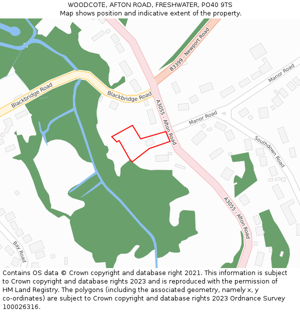 WOODCOTE, AFTON ROAD, FRESHWATER, PO40 9TS: Location map and indicative extent of plot