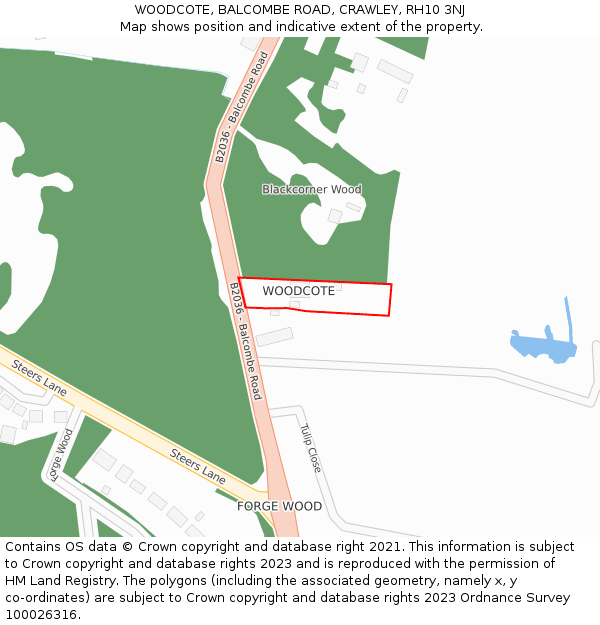 WOODCOTE, BALCOMBE ROAD, CRAWLEY, RH10 3NJ: Location map and indicative extent of plot