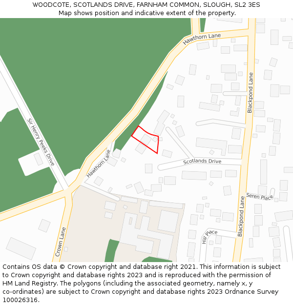 WOODCOTE, SCOTLANDS DRIVE, FARNHAM COMMON, SLOUGH, SL2 3ES: Location map and indicative extent of plot