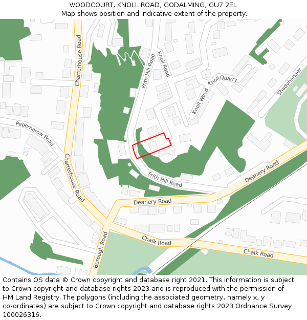 WOODCOURT, KNOLL ROAD, GODALMING, GU7 2EL: Location map and indicative extent of plot