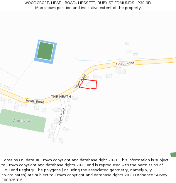 WOODCROFT, HEATH ROAD, HESSETT, BURY ST EDMUNDS, IP30 9BJ: Location map and indicative extent of plot