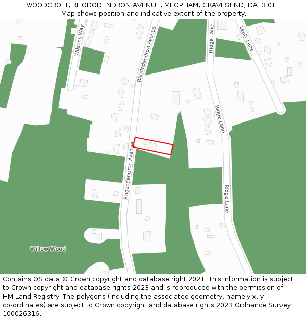 WOODCROFT, RHODODENDRON AVENUE, MEOPHAM, GRAVESEND, DA13 0TT: Location map and indicative extent of plot