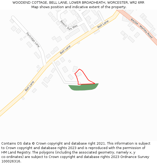 WOODEND COTTAGE, BELL LANE, LOWER BROADHEATH, WORCESTER, WR2 6RR: Location map and indicative extent of plot