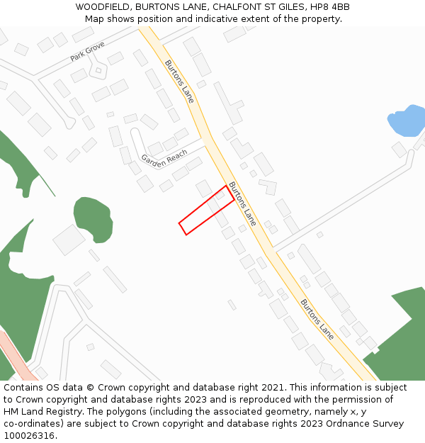 WOODFIELD, BURTONS LANE, CHALFONT ST GILES, HP8 4BB: Location map and indicative extent of plot
