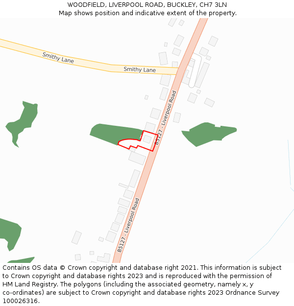 WOODFIELD, LIVERPOOL ROAD, BUCKLEY, CH7 3LN: Location map and indicative extent of plot
