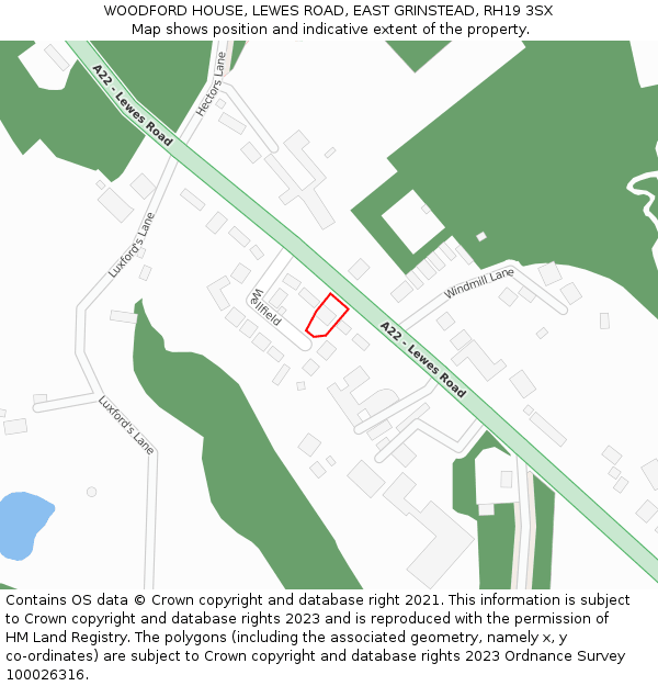 WOODFORD HOUSE, LEWES ROAD, EAST GRINSTEAD, RH19 3SX: Location map and indicative extent of plot