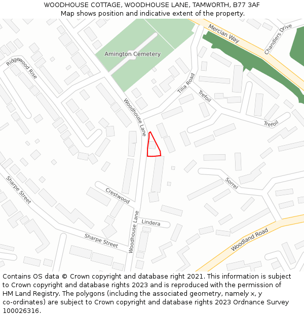 WOODHOUSE COTTAGE, WOODHOUSE LANE, TAMWORTH, B77 3AF: Location map and indicative extent of plot