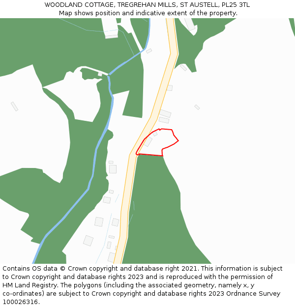 WOODLAND COTTAGE, TREGREHAN MILLS, ST AUSTELL, PL25 3TL: Location map and indicative extent of plot