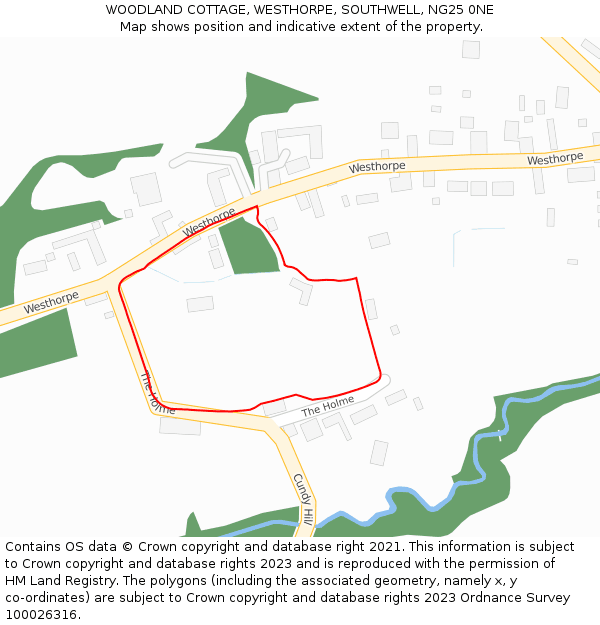 WOODLAND COTTAGE, WESTHORPE, SOUTHWELL, NG25 0NE: Location map and indicative extent of plot