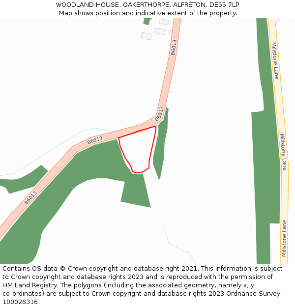 WOODLAND HOUSE, OAKERTHORPE, ALFRETON, DE55 7LP: Location map and indicative extent of plot