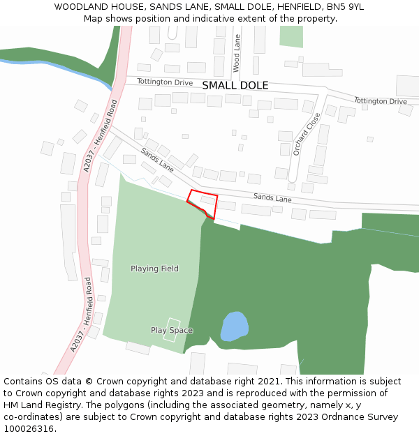 WOODLAND HOUSE, SANDS LANE, SMALL DOLE, HENFIELD, BN5 9YL: Location map and indicative extent of plot
