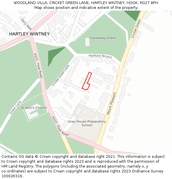 WOODLAND VILLA, CRICKET GREEN LANE, HARTLEY WINTNEY, HOOK, RG27 8PH: Location map and indicative extent of plot