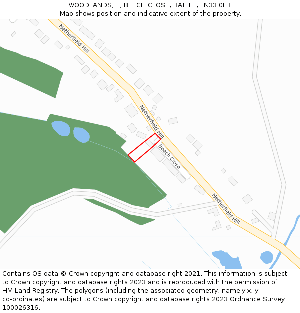 WOODLANDS, 1, BEECH CLOSE, BATTLE, TN33 0LB: Location map and indicative extent of plot