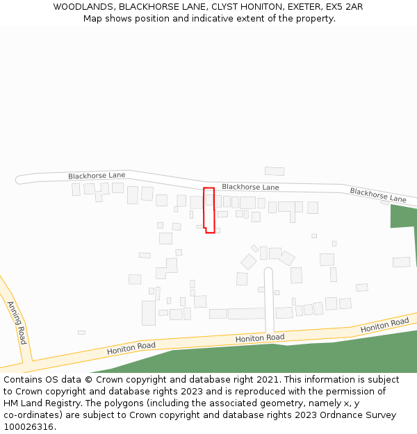 WOODLANDS, BLACKHORSE LANE, CLYST HONITON, EXETER, EX5 2AR: Location map and indicative extent of plot