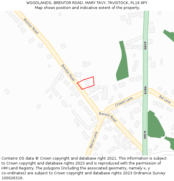 WOODLANDS, BRENTOR ROAD, MARY TAVY, TAVISTOCK, PL19 9PY: Location map and indicative extent of plot