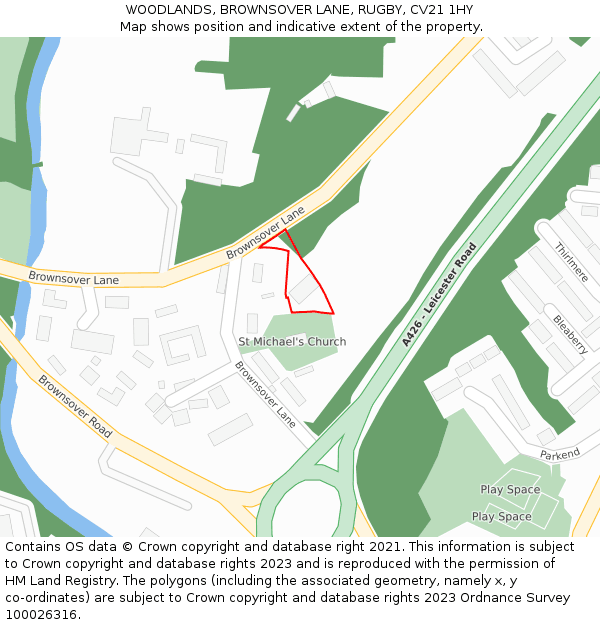 WOODLANDS, BROWNSOVER LANE, RUGBY, CV21 1HY: Location map and indicative extent of plot