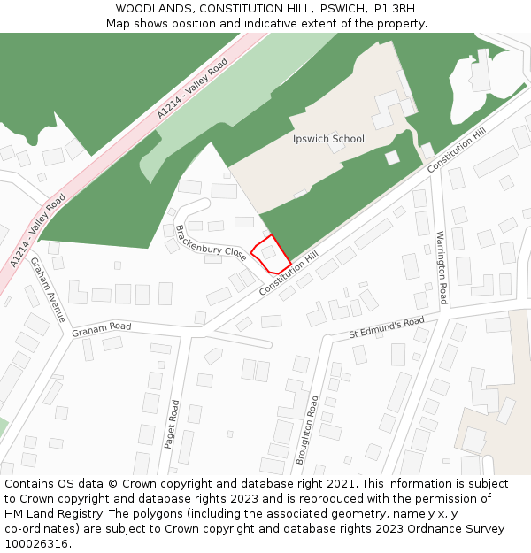 WOODLANDS, CONSTITUTION HILL, IPSWICH, IP1 3RH: Location map and indicative extent of plot