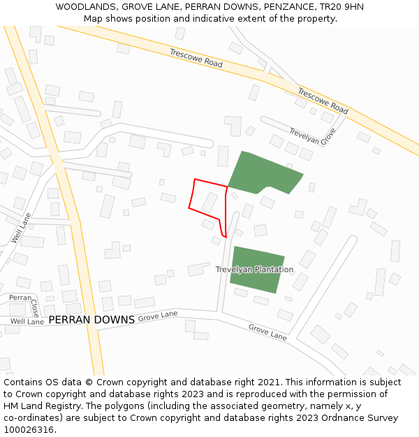 WOODLANDS, GROVE LANE, PERRAN DOWNS, PENZANCE, TR20 9HN: Location map and indicative extent of plot