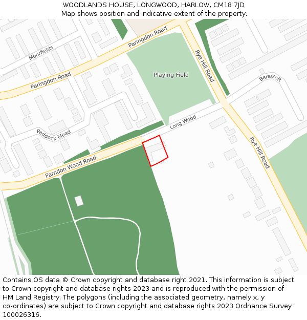 WOODLANDS HOUSE, LONGWOOD, HARLOW, CM18 7JD: Location map and indicative extent of plot