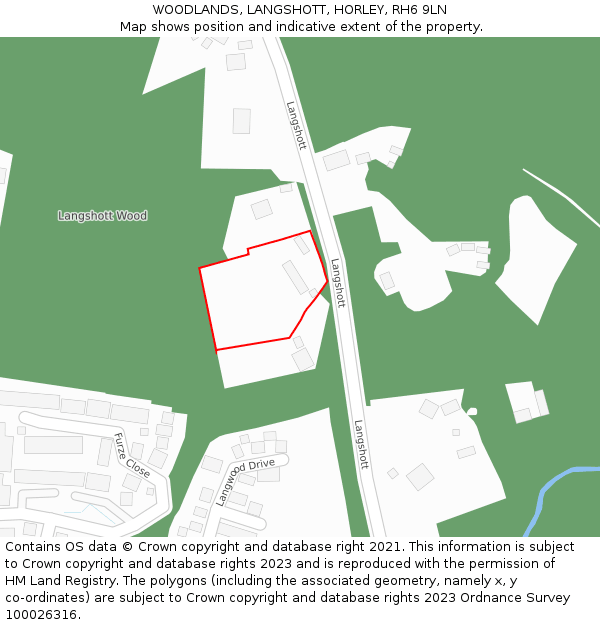 WOODLANDS, LANGSHOTT, HORLEY, RH6 9LN: Location map and indicative extent of plot