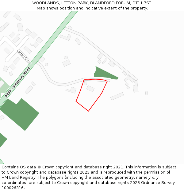 WOODLANDS, LETTON PARK, BLANDFORD FORUM, DT11 7ST: Location map and indicative extent of plot