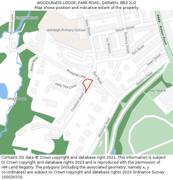 WOODLANDS LODGE, PARK ROAD, DARWEN, BB3 2LQ: Location map and indicative extent of plot