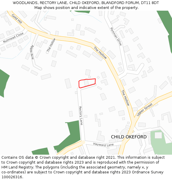 WOODLANDS, RECTORY LANE, CHILD OKEFORD, BLANDFORD FORUM, DT11 8DT: Location map and indicative extent of plot