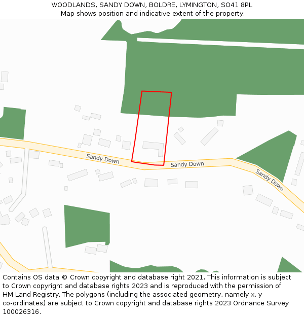 WOODLANDS, SANDY DOWN, BOLDRE, LYMINGTON, SO41 8PL: Location map and indicative extent of plot