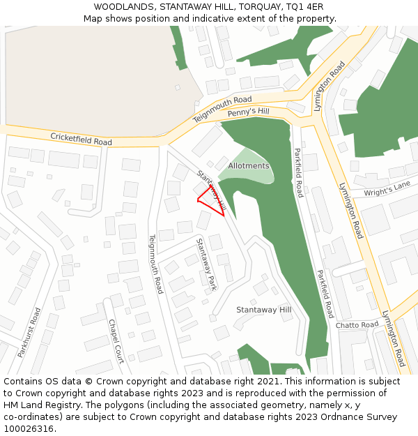 WOODLANDS, STANTAWAY HILL, TORQUAY, TQ1 4ER: Location map and indicative extent of plot