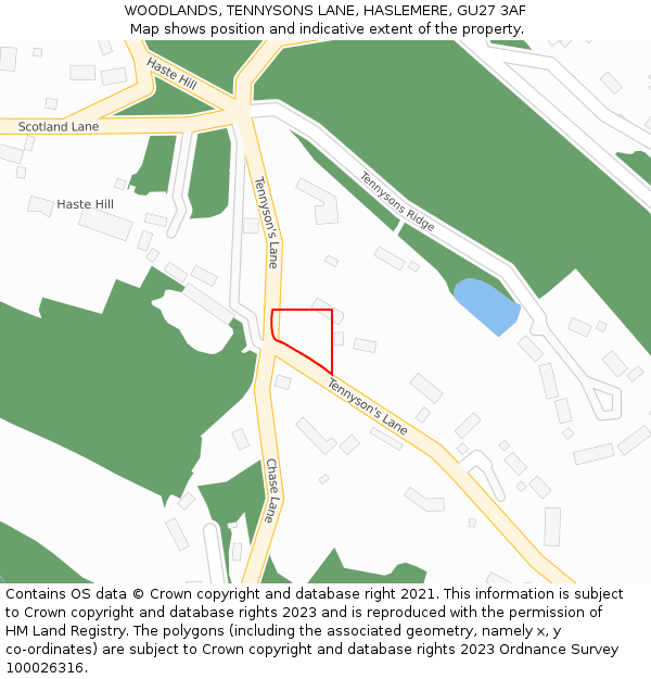 WOODLANDS, TENNYSONS LANE, HASLEMERE, GU27 3AF: Location map and indicative extent of plot