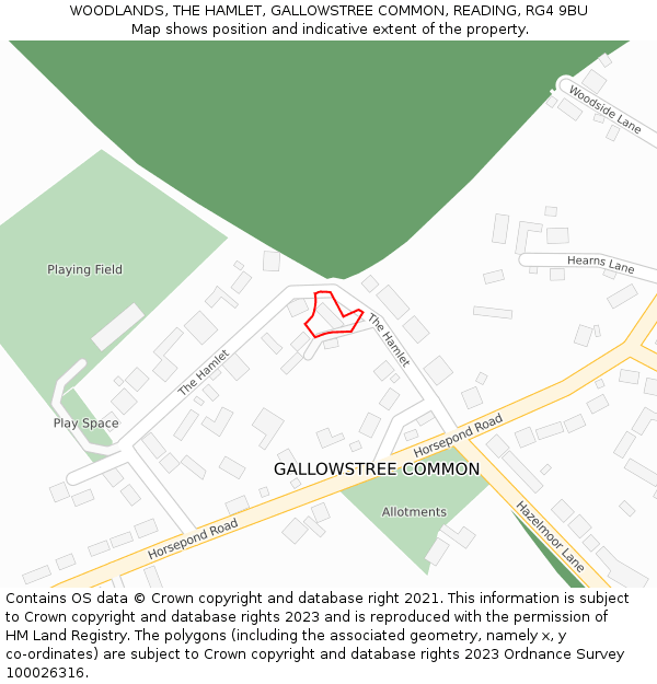 WOODLANDS, THE HAMLET, GALLOWSTREE COMMON, READING, RG4 9BU: Location map and indicative extent of plot
