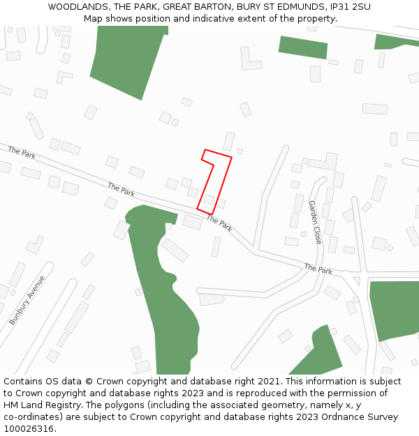 WOODLANDS, THE PARK, GREAT BARTON, BURY ST EDMUNDS, IP31 2SU: Location map and indicative extent of plot