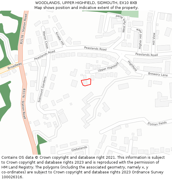 WOODLANDS, UPPER HIGHFIELD, SIDMOUTH, EX10 8XB: Location map and indicative extent of plot
